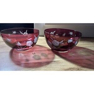 Vintage Royal Doulton Rose Bouquet Glass Bowls Hand Cut Floral Motif Set of 2